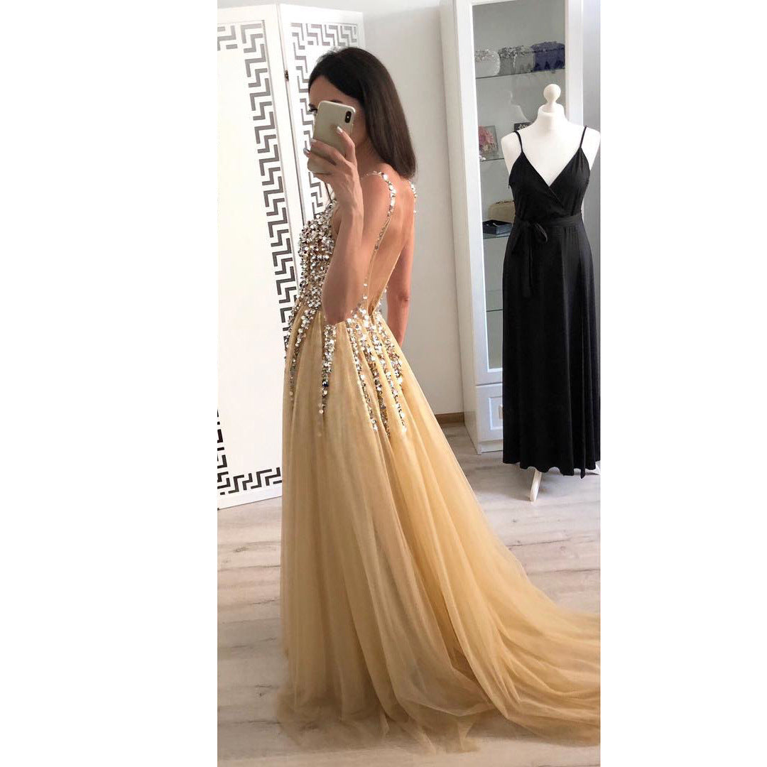 Hot Sale Front And Back V-neck Sequined Floor-length Dovetail Dress - L&M LIFE PRODUCTS