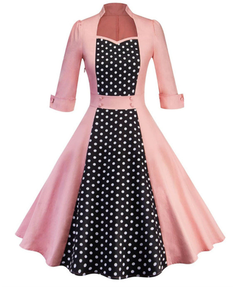 Women's Polka Dot Combination Receiving Waist Large Swing Skirt Dress - L&M LIFE PRODUCTS