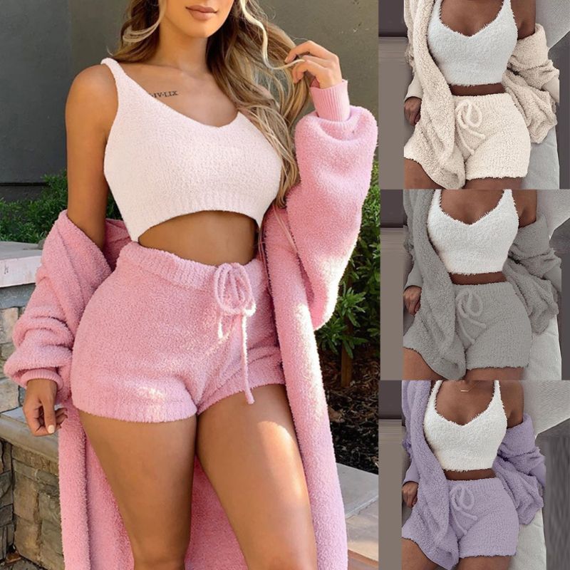 Winter Sexy Women Home Wear Suit Casual Pajamas Set Lady Female Soft Warm Long Sleeve Exposed Navel Vest Shorts Set - L&M LIFE PRODUCTS