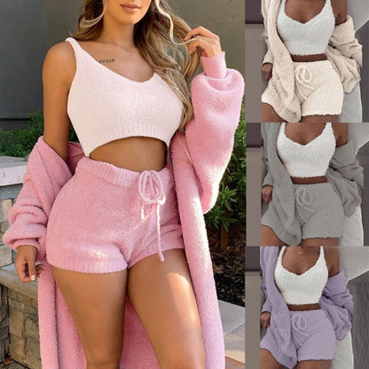 Winter Sexy Women Home Wear Suit Casual Pajamas Set Lady Female Soft Warm Long Sleeve Exposed Navel Vest Shorts Set - L&M LIFE PRODUCTS