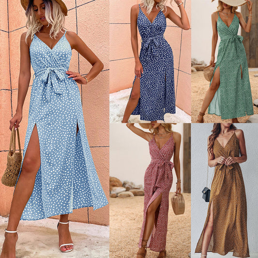 V-neck Suspender Floral Lace-up Dress Women's Long Skirt Beach Dress - L&M LIFE PRODUCTS