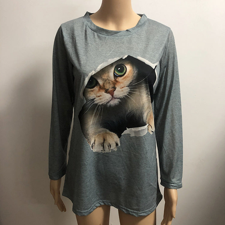 Fashion Round Neck Pullover Cat Long Sleeve Women's T-Shirt - L&M LIFE PRODUCTS