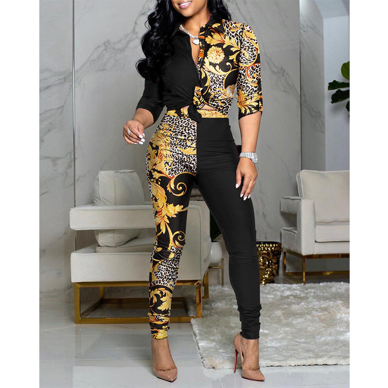 Women's Color Matching Printed Long-sleeved Lapel Shirt And Casual Pants Two-piece Suit - L&M LIFE PRODUCTS