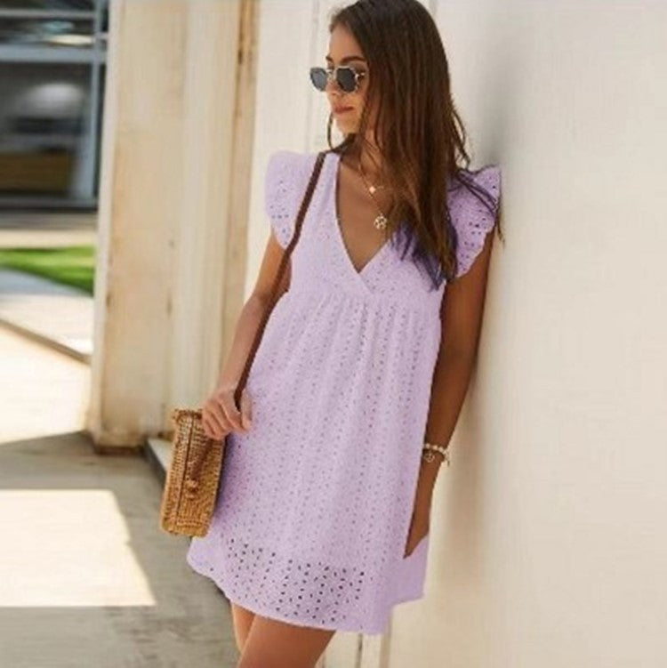 Summer V-neck Cotton Short Skirt Solid Color Dress - L&M LIFE PRODUCTS