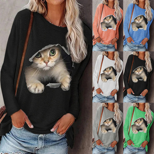 Fashion Round Neck Pullover Cat Long Sleeve Women's T-Shirt - L&M LIFE PRODUCTS