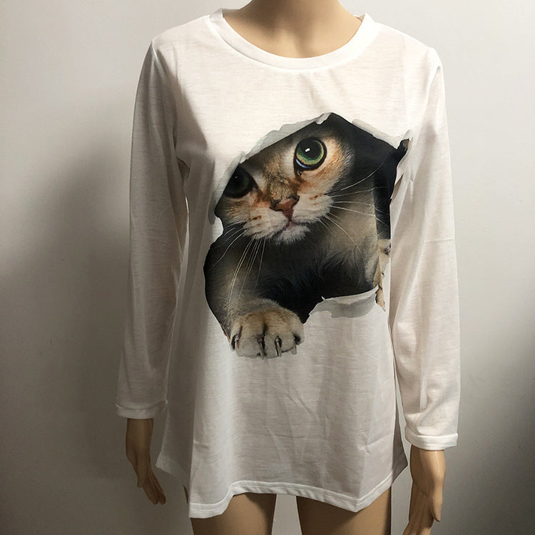 Fashion Round Neck Pullover Cat Long Sleeve Women's T-Shirt - L&M LIFE PRODUCTS