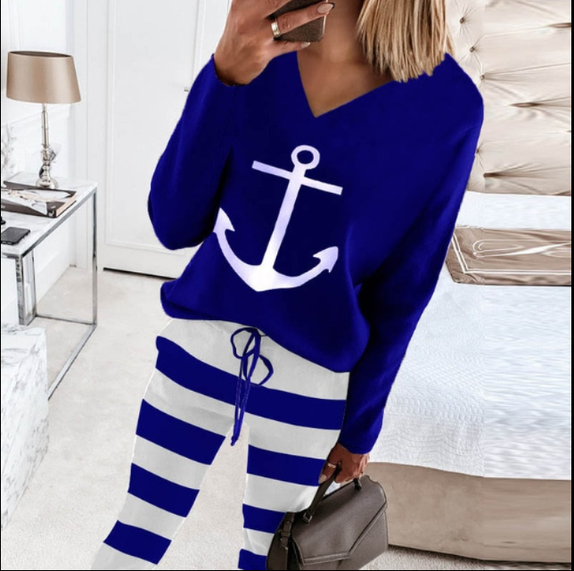 Anchor Print Long-sleeved V-neck Fashion Casual Suit - L&M LIFE PRODUCTS