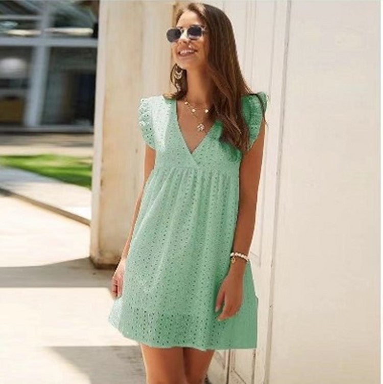 Summer V-neck Cotton Short Skirt Solid Color Dress - L&M LIFE PRODUCTS