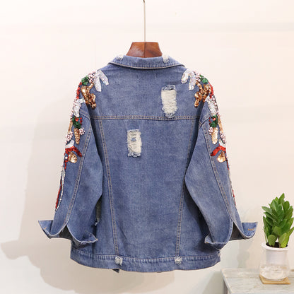 Loose Heavy Industry Embroidered Beaded Sequins Slimming Denim Jacket Women - L&M LIFE PRODUCTS
