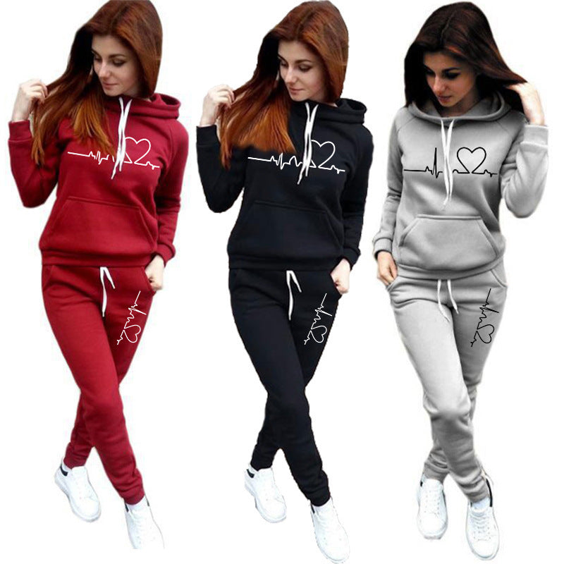 Fashion Love Printed Fleece Sports Suit Women - L&M LIFE PRODUCTS