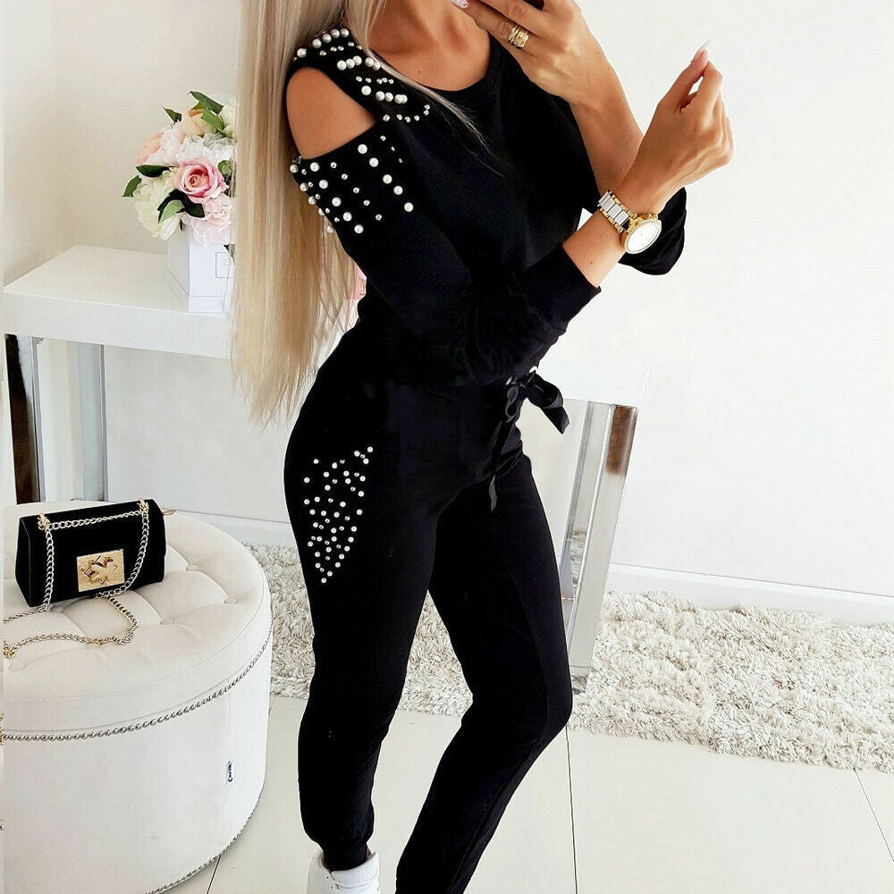 Sexy Beaded Solid Color Round Neck Long Sleeve Off-the-shoulder Sweatshirt Set - L&M LIFE PRODUCTS