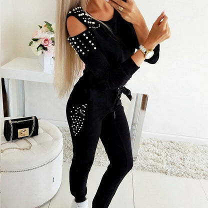 Sexy Beaded Solid Color Round Neck Long Sleeve Off-the-shoulder Sweatshirt Set - L&M LIFE PRODUCTS
