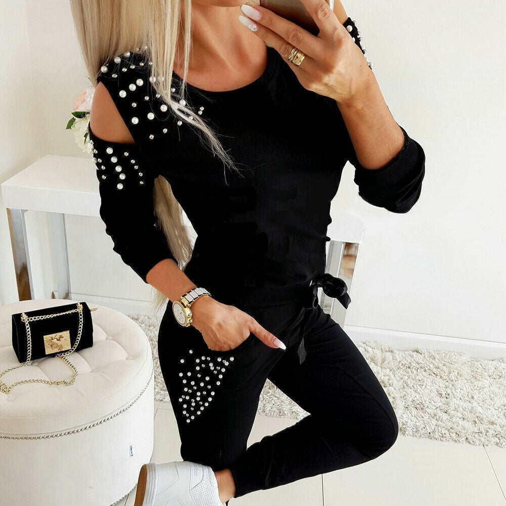 Sexy Beaded Solid Color Round Neck Long Sleeve Off-the-shoulder Sweatshirt Set - L&M LIFE PRODUCTS