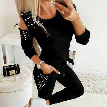 Sexy Beaded Solid Color Round Neck Long Sleeve Off-the-shoulder Sweatshirt Set - L&M LIFE PRODUCTS