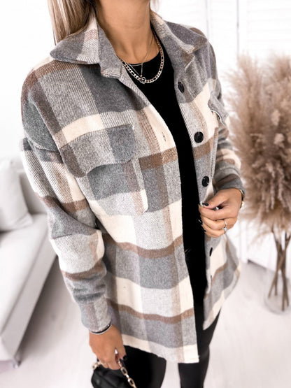 Long-sleeved Single-breasted Plaid Print Shirt Collar Woolen Jacket - L&M LIFE PRODUCTS