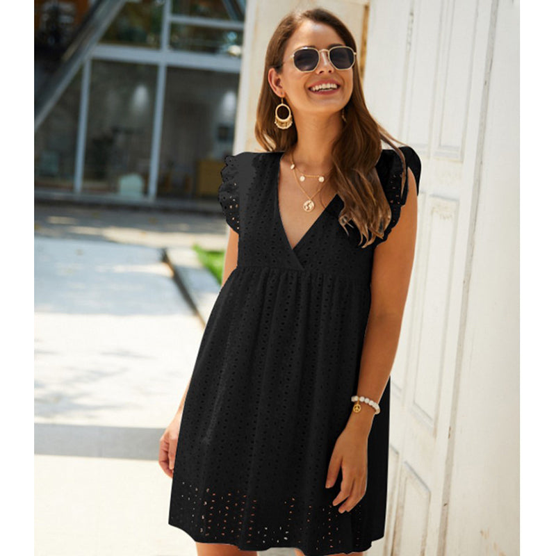 Summer V-neck Cotton Short Skirt Solid Color Dress - L&M LIFE PRODUCTS