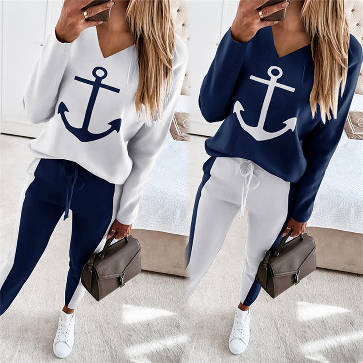 Anchor Print Long-sleeved V-neck Fashion Casual Suit - L&M LIFE PRODUCTS