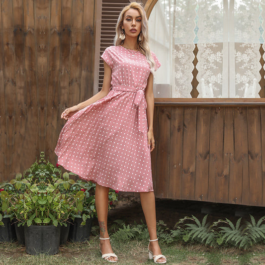 Summer Women Polka Dot Short Sleeve Dress Casual Bandage Party Pleated Midi Dresses Elegant Green Office Lady Clothing - L&M LIFE PRODUCTS