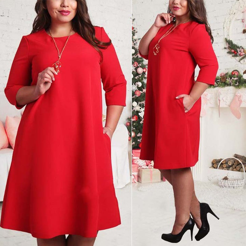 Solid Color Round Neck Sleeves Plus Size Dress - L&M LIFE PRODUCTS